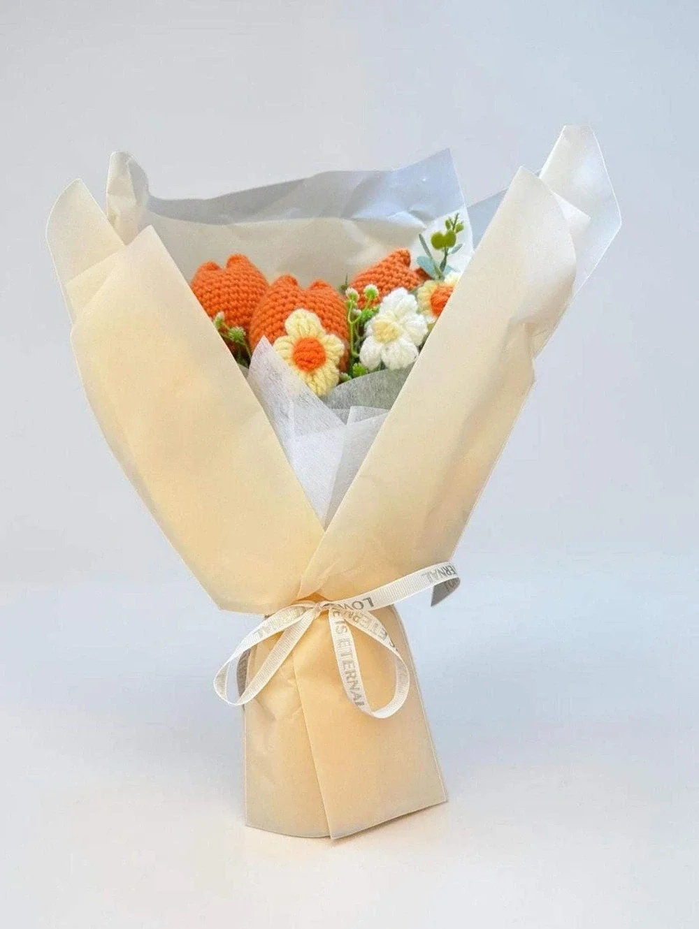 Fake Tulip Bouquet, Cream Tissue Wrapped, Non Wilting Flowers, Crochet Home
